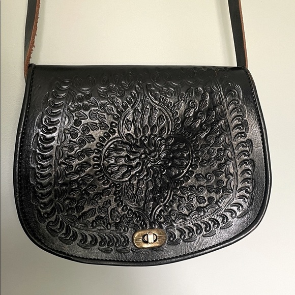 Vintage Handbags - Genuine leather Moroccan hand tooled black leather saddle bag